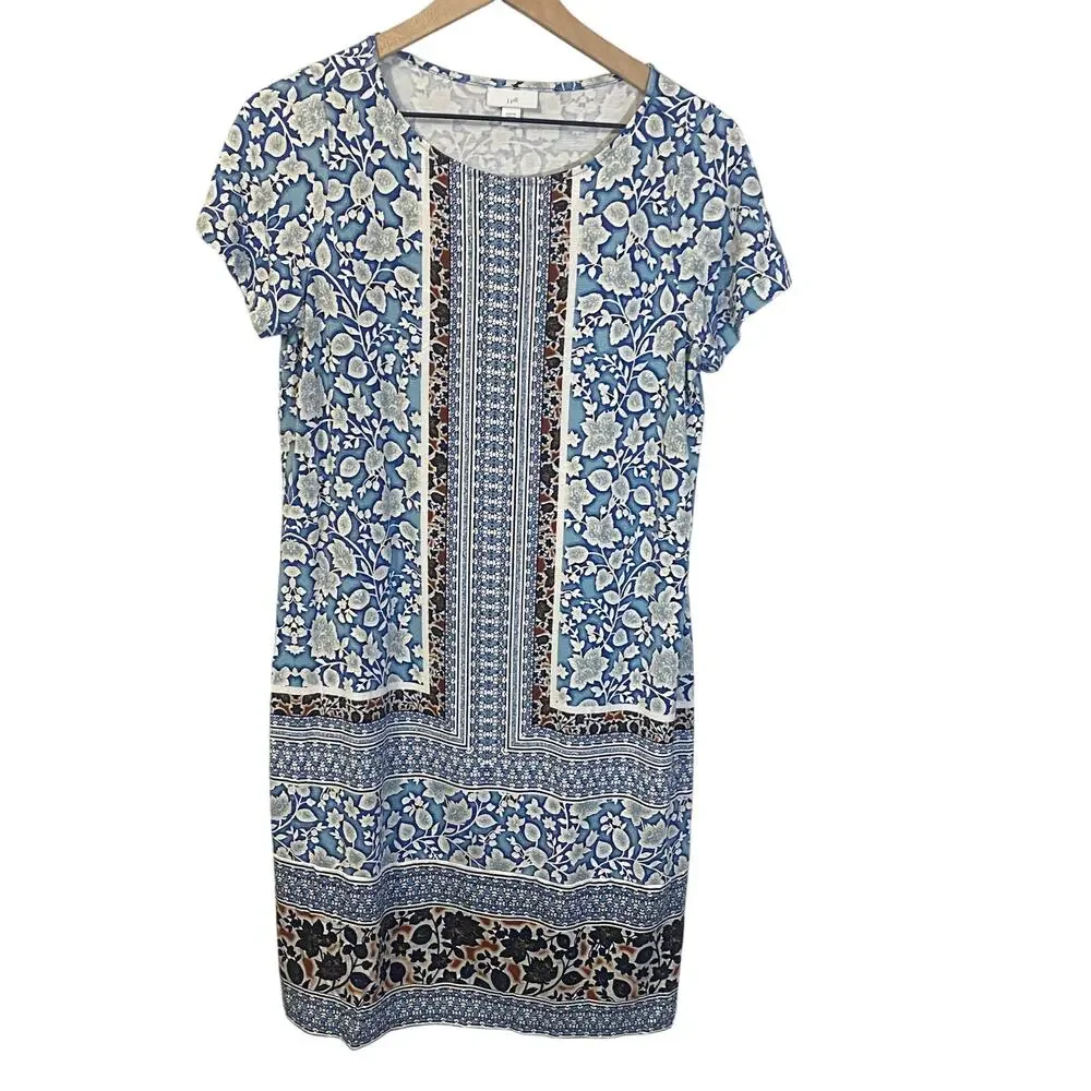 J. Jill Mixed Print Floral Lightweight Boatneck Jersey Dress Knee Length Sz S